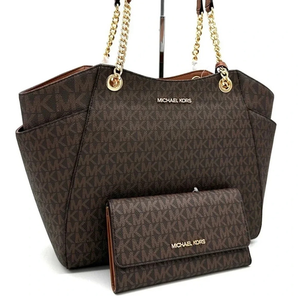 Michael Kors Large Jet Set Travel Chain Shoulder Bag & Trifold Wallet Brown - Picture 3 of 14